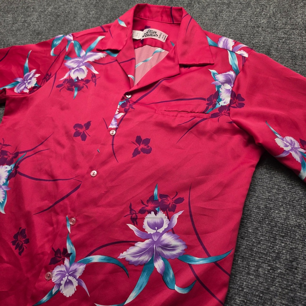 VTG Hilo Hatties Hawaii Mens Large Pink Orchid Floral Tropical Camp Shirt L 500
